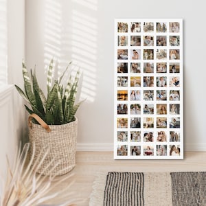 May include: A white photo collage frame with 49 individual square openings, each displaying a different photograph of a couple. The photos are arranged in a grid pattern and feature a variety of settings, including indoor and outdoor locations.