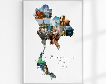 Thailand Map Photo Collage Gift, Personalized Thailand Travel Vacation Souvenir Gift, Any Country Map Photo Collage, Travel Surprise Gifts