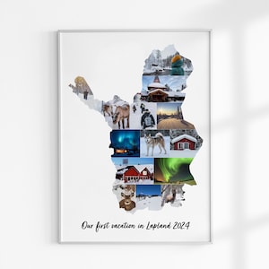 Collage de fotos con el mapa de Laponia, collage de fotos de cualquier país, recuerdo personalizado de viaje a Laponia, regalos de viaje, sorpresa de viaje