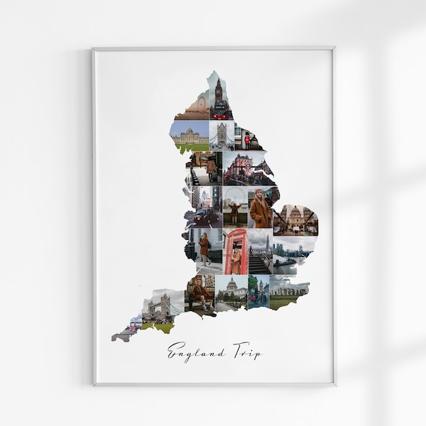 Collage de photos de carte d'Angleterre, n'importe quel collage de photos de carte de pays, cadeau souvenir personnalisé de vacances de voyage de Londres, cadeaux de voyage, surprise de voyage