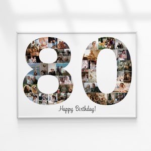 Collage de fotos para el 80.° cumpleaños, collage de fotos con números, regalo para el 80.° cumpleaños, regalo de collage de fotos
