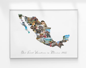 Mexiko Karte Personalisierte Fotocollage, Urlaub Memory Art, Benutzerdefinierte Reise Poster Collage, personalisiertes Flitterwochen Andenken