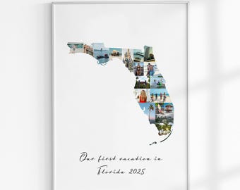 Florida Map Photo Collage Gift, Custom Travel Poster Collage, Personalized Honeymoon Keepsake, Travel Memories Print