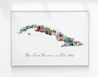 Cuba Map Personalized Photo Collage, Travel Destination Posters, Personalized Honeymoon Keepsake, Travel Memory Gift, Wall Art For Traveling