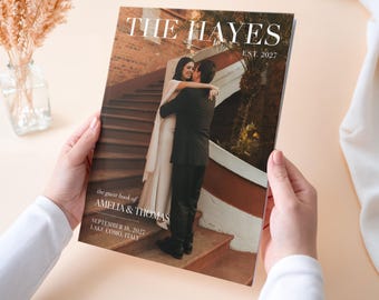 Editorial Wedding Magazine Guest Book, Custom Photo Cover Sign In, Minimalist Softcover Couple Album