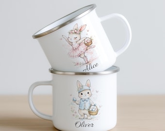 Personalized Easter Enamel Mug for Kids, Custom Name Bunny Mug, Easter Bunny Cup for Boys and Girls, Easter Camp Mug