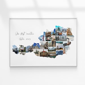 Regalo de collage de fotos con mapa de Austria, regalo de foto de mapa personalizado, mapa de país personalizado, recuerdo de vacaciones, regalo de viaje para él, regalo de foto de cumpleaños