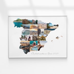 Collage de fotos con el mapa de España, collage de fotos con el mapa de cualquier país, recuerdo personalizado de viaje a España, regalos de viaje, sorpresa de viaje