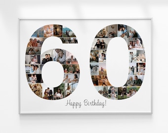 May include: A white framed photo collage of a 60th birthday celebration. The number 60 is made up of photos of people. The text "Happy Birthday!" is written below the number.