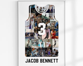 Puede incluir: Un póster enmarcado blanco con un diseño de camiseta de baloncesto en blanco y negro. La camiseta está hecha de un collage de fotos de jugadores de baloncesto. El número 3 está en la parte delantera de la camiseta. El nombre "Jacob Bennett" está impreso debajo de la camiseta.