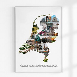 Cadeau collage photo de carte des Pays-Bas, cadeau photo de carte personnalisée, carte de pays personnalisée, souvenir de vacances, cadeau d'anniversaire, cadeau photo de voyage