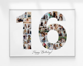 16th Birthday Gift, 16th Birthday Photo Collage, Number Photo Collage, Photo Collage Gift