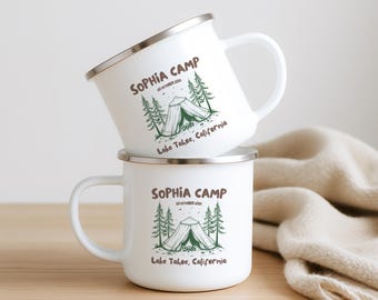 Bachelorette Camping Mug With Name, Personalized Bridesmaid Camp Mug, Lake Theme Party Favor, Custom Enamel Mug, Nature Bachelorette Gift