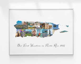 Puerto Rico Map Personalized Photo Collage, Custom Travel Poster, Honeymoon Keepsake Gift, Vacation Wall Art, Travel Memory Print