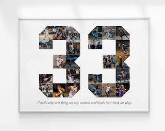 Puede incluir: Un collage fotográfico en blanco y negro de jugadores de baloncesto formando el número 33. La cita "There's only one thing we can control and that's how hard we play." está debajo del número.