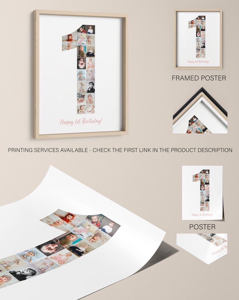 1st Birthday Photo Collage, 1st Anniversary Photo Collage, 1st Birthday Gift, Baby Photo Collage Number image 5