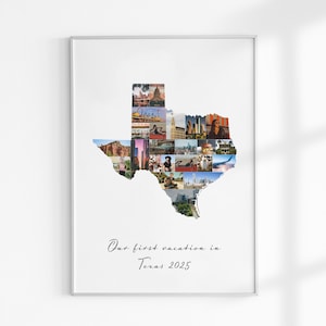 May include: A framed print featuring a collage of photographs arranged in the shape of the state of Texas. The print includes the text "Our first vacation in Texas 2025" in a cursive font. The photos depict various locations.