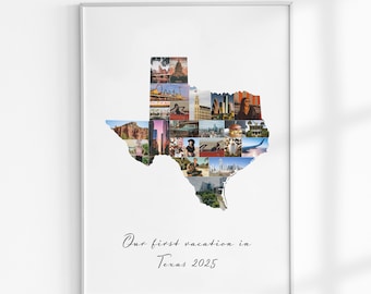 Texas Photo Collage, Personalized Travel Poster, Honeymoon Keepsake Gift, Vacation Wall Art, Travel Memory Print