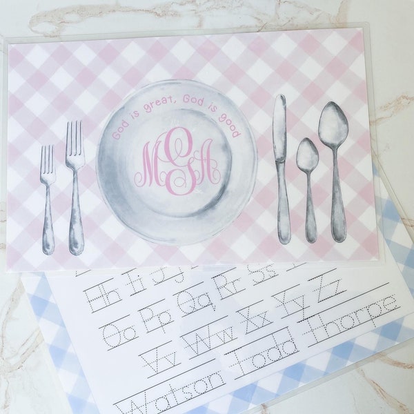 God is Great Placemat, Pink Gingham Placemat, Children's Placemat, Traceable Name, Place Setting Placemat