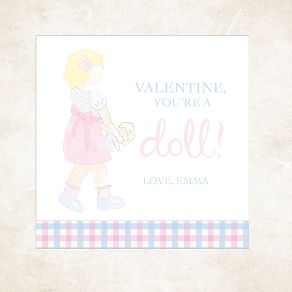 YOU'RE A DOLL Valentine Tags/Stickers, Baby Doll Tag, Personalized Treat Tag, Girl Valentine Treat Tag, Gingham Class Tag