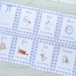 GINGHAM Blue Boy Baby Milestone Cards, Watercolor Baby Milestone Cards, First Year Milestone Cards, Monthly Cards Set