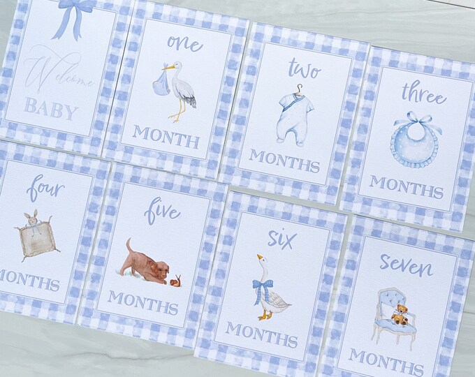 GINGHAM Blue Boy Baby Milestone Cards, Watercolor Baby Milestone Cards ...