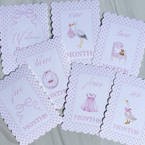 Cartões de marco de bebê rosa recortados, cartões de marco de bebê em aquarela, cartões de marco de primeiro ano, conjunto de cartões mensais