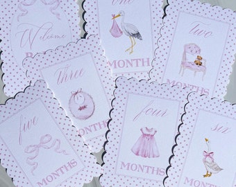 SCALLOPED Pink Girl Baby Milestone Cards, Watercolor Baby Milestone Cards, First Year Milestone Cards, Monthly Cards Set