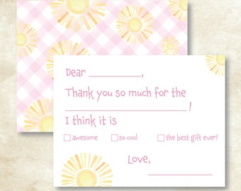 Children's Fill-in-the-Blank Stationery, Girls Thank You Notes, Pink Gingham Stationery, Classic Sunshine Stationery, Girl Birthday Gift