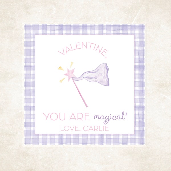 Magical Valentine Tags/Stickers, Magic Wand Tag, Personalized Treat Tag, Girl Valentine Treat Tag, Gingham Class Tag