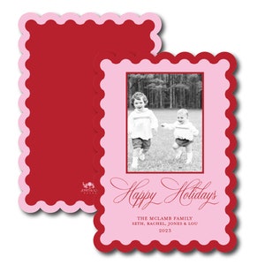 Tarjeta de Navidad de vieira rosa roja, tarjeta de Navidad Grandmillennial, tarjeta de Navidad de borde ondulado, Navidad preppy, Navidad clásica y tradicional