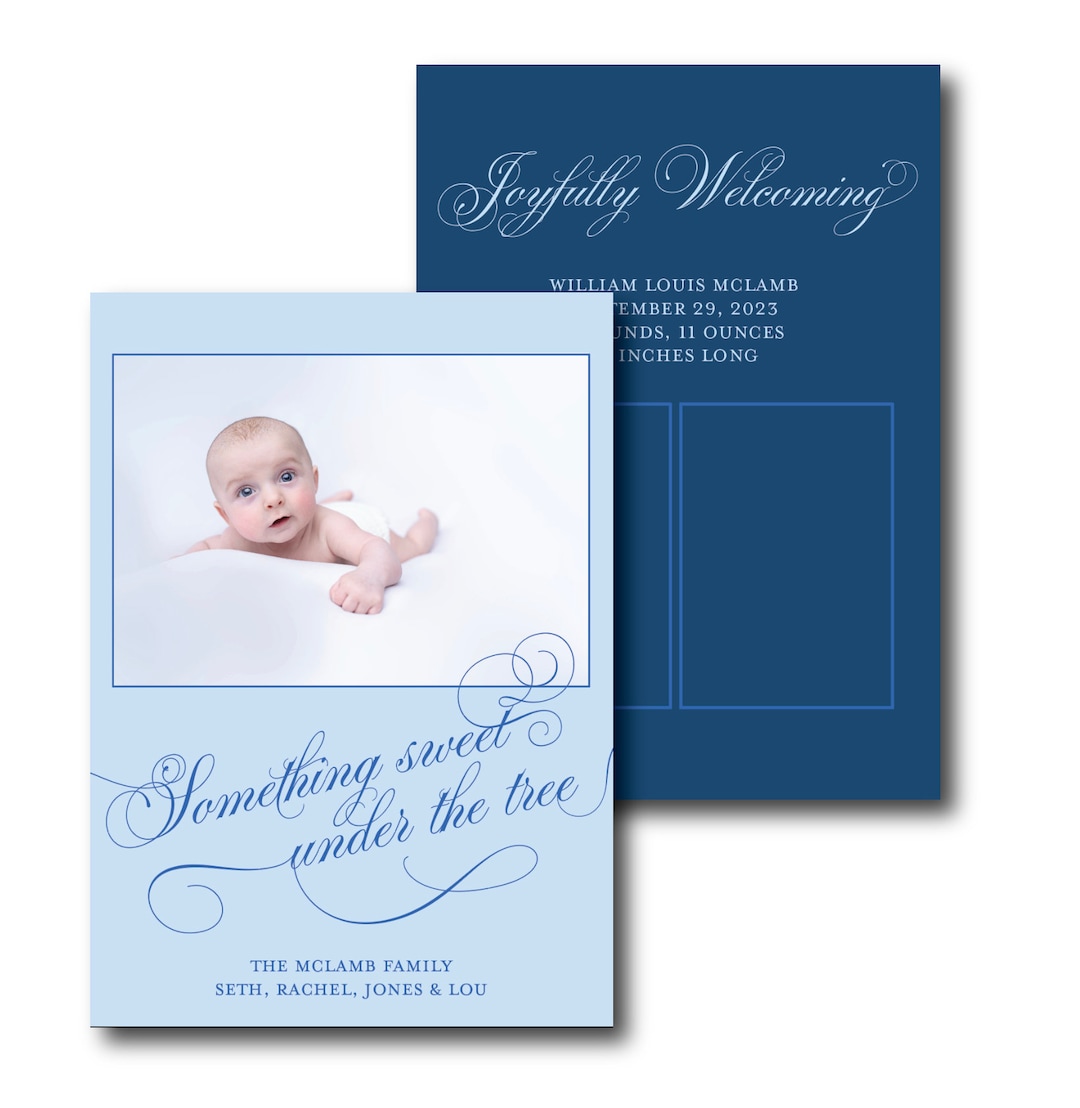 Blue Birth Announcement Christmas Card, Grandmillennial Christmas Card