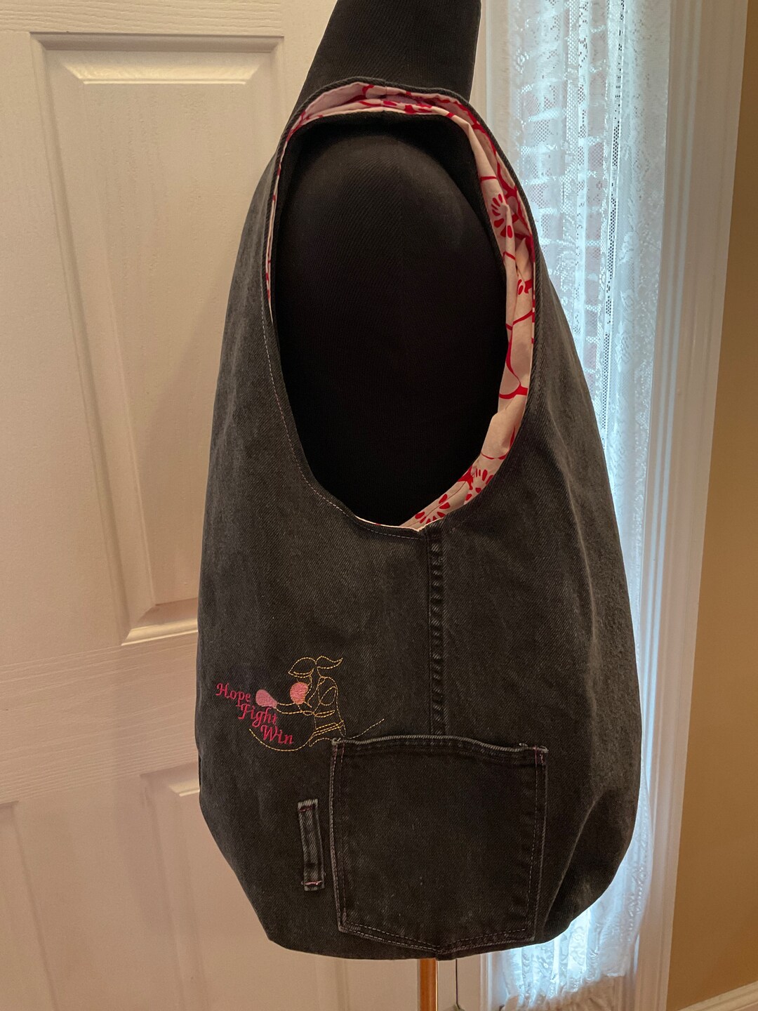 Large Breast Cancer Awareness Denim Hobo Shoulder Bag rag Bag Short ...
