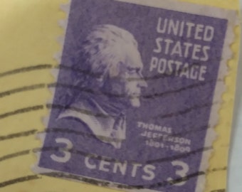 Vintage 1938 3 Cent Thomas Jefferson Stamp. Purple. Postmarked 1950 during the Korean War.