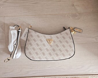 Sac porté épaule de luxe avec logo de la marque Guess, blanc crème et ivoire vintage pour femme