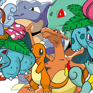 Peut inclure: Un groupe de neuf personnages de Pokemon en dessin animé, dont Bulbizarre, Salamèche, Carapuce et leurs évolutions. Les personnages sont dessinés dans un style cartoon coloré et sont disposés de manière chaotique et amusante.