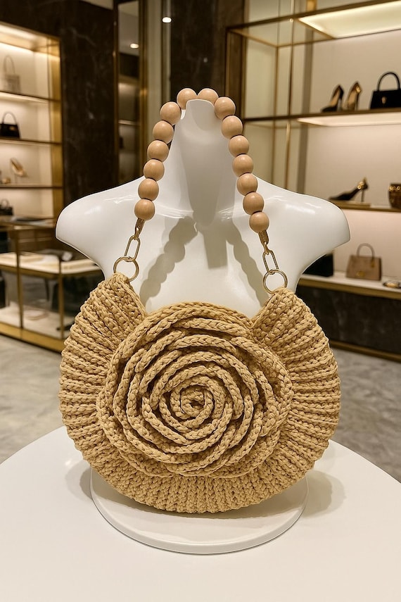 Crochet Raffia Bag, Raffia Round Bag, Rose Bag, Boho Style Bag - Main Image