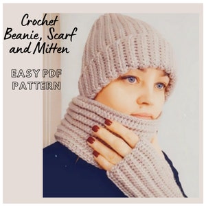 Patrón fácil de crochet 3 en 1, patrón PDF para principiantes, patrón de crochet para gorro, patrón de crochet para bufanda, patrón de crochet para manoplas, patrón de crochet PDF