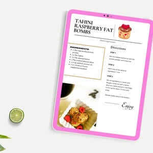 May include: A digital recipe card for Tahini Raspberry Fat Bombs. The recipe includes ingredients like vegan mocha protein powder, tahini, almond butter, and raspberries. The recipe is from @ketoveganqueen.