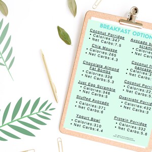 May include: A corkboard with a list of breakfast options written in black marker on a light green background. The options include Coconut Porridge, Chia Mousse, Chocolate Almond Fat Bombs, Just Egg Scramble, Stuffed Avocado, Yogurt Bowl, Avocado bun + tofu scramble, Coconut flour pancakes, Coconut Porridge, Overnight Porridge, and Protein Porridge. Each option lists the calories and net carbs.
