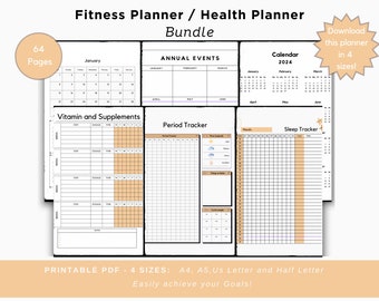 Fitness Planner Bundle, Health Planner, Printable, Digital Download,Fitness Journal, Diet, Workout Trackers,  A4, A5, Letter & Half Sizes