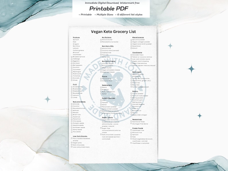 Vegan Keto Grocery List Printable Keto Food List Meal Etsy