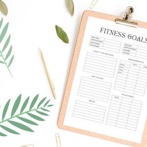May include: A printable fitness goals tracker with sections for start and end dates, starting and ending weight, goal BMI, final BMI, motivation, notes, measurements, and milestones.