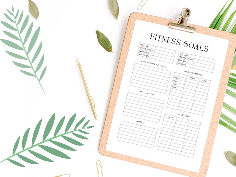 May include: A printable fitness goals tracker with sections for start and end dates, starting and ending weight, goal BMI, final BMI, motivation, notes, measurements, and milestones.