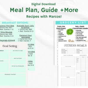 May include: A printable meal plan guide with recipes, grocery list, and fitness goals. The guide includes breakfast options, goal setting, and fitness tracking sections. The document is designed with a green and white color scheme.