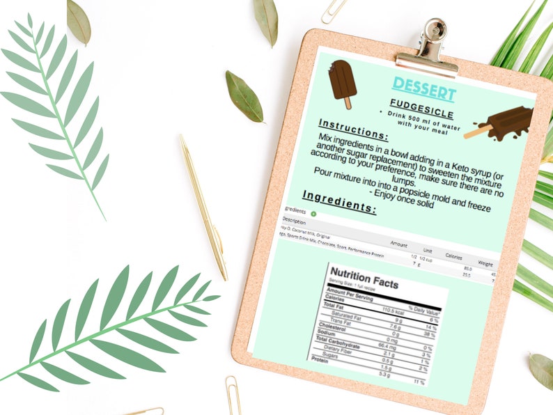 May include: A recipe card for a keto-friendly fudgesicle dessert. The card includes instructions, ingredients, and nutritional information. The image shows a chocolate-covered popsicle on a light blue background.