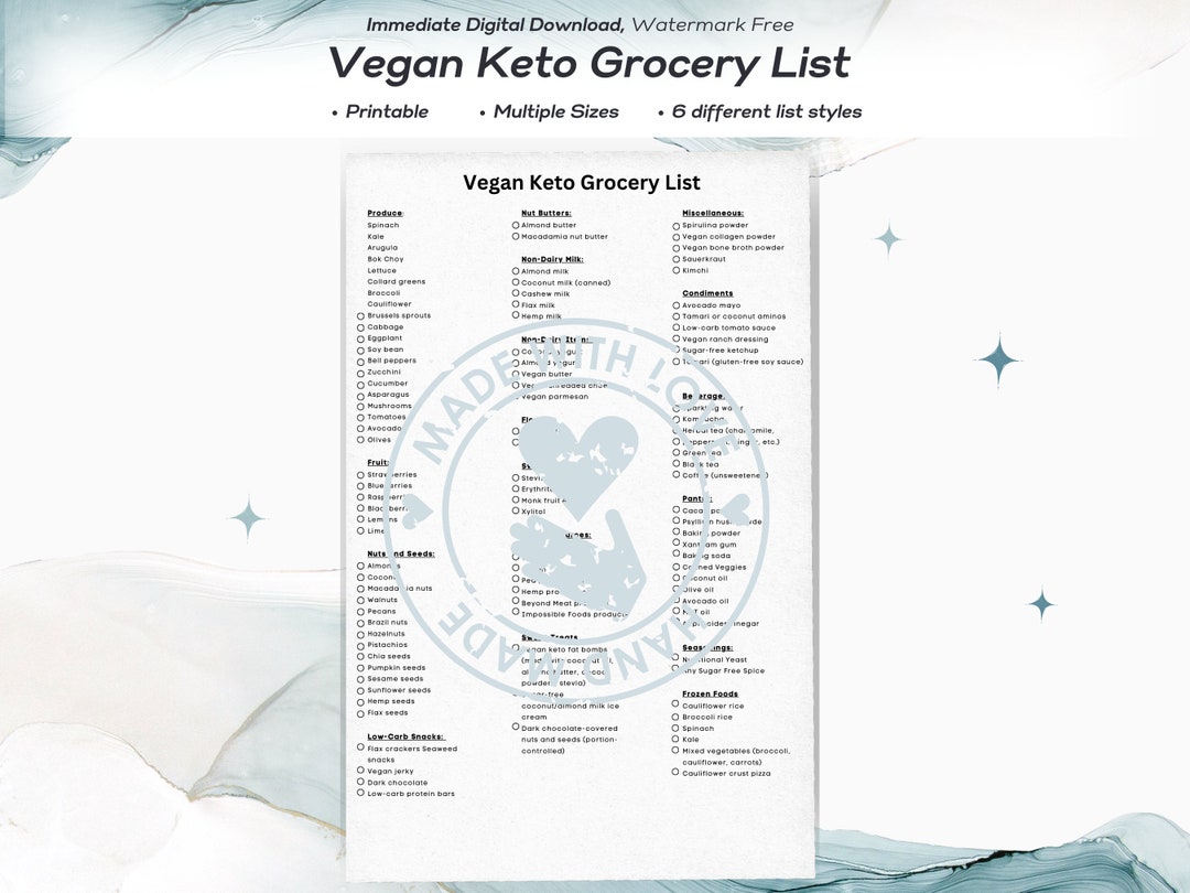 Vegan Keto Grocery List Printable Keto Food List Meal Etsy