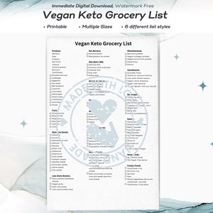 Lista de comestibles vegana cetogénica imprimible, lista de alimentos cetogénicos, planificador de comidas y planificador de comestibles, planificador de menú semanal PDF