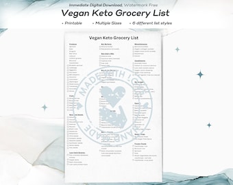 ビーガン ケト 食料品リスト 印刷可能、ケト フード リスト、食事プランナーと食料品プランナー、週間メニュー プランナー PDF