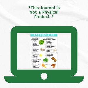 May include: A laptop screen displaying a grocery list with a green background. The list is divided into two columns: Fruits + Veg (fresh/frozen) and Nuts + Seeds. The list includes items such as avocado, cabbage, cauliflower rice, almonds, chia seeds, and coconut flour. The text "GROCERY LIST" is at the top of the screen.